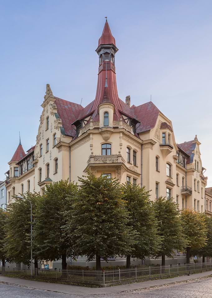 Art Nouveau Building with Red Roof. Alberta street 12, Riga, Latvia.