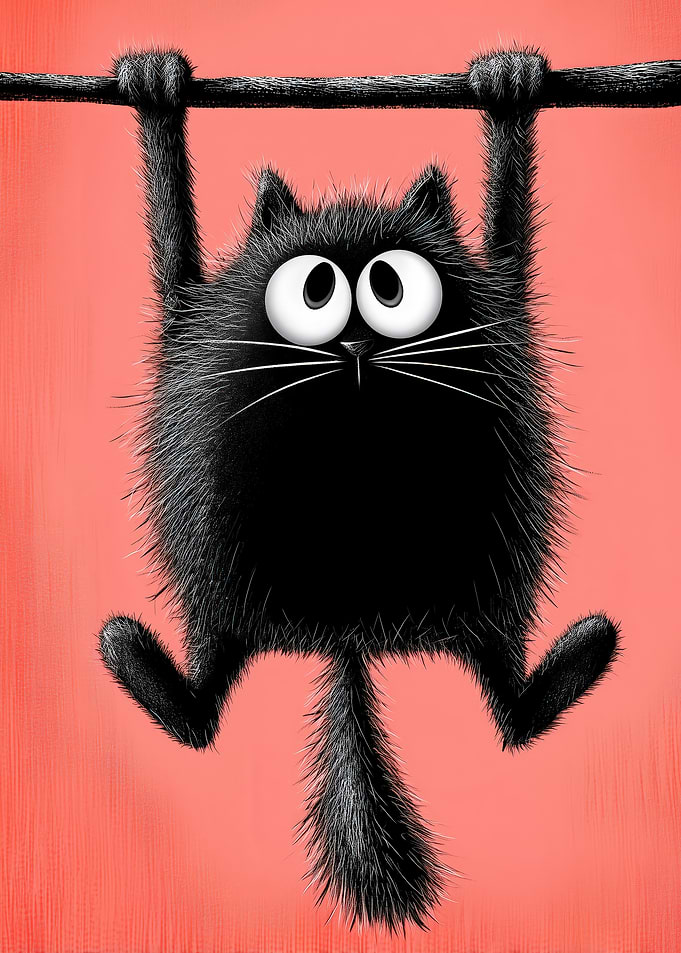 Cartoon Black Cat Hanging on Bar