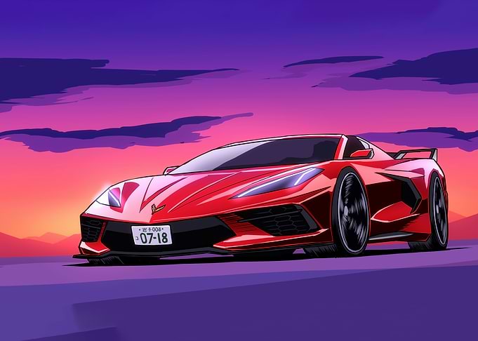 Red Corvette at Sunset