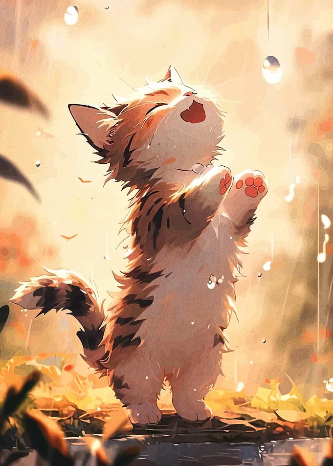 Happy Kitten in the Rain
