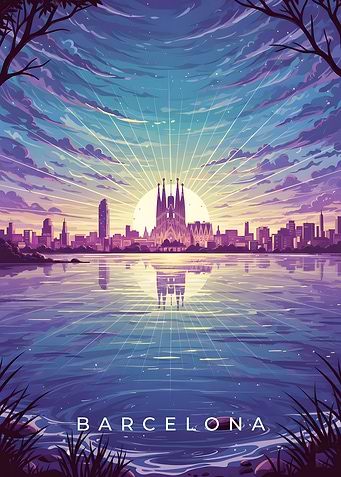Barcelona Skyline at Sunset Illustration
