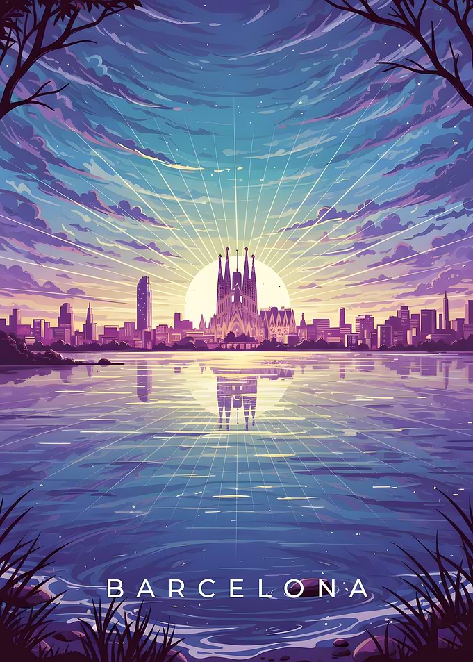 Barcelona Skyline at Sunset Illustration