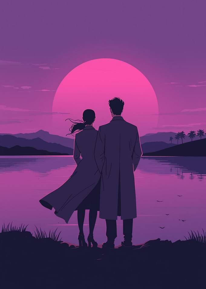 Couple watching sunset by the lake