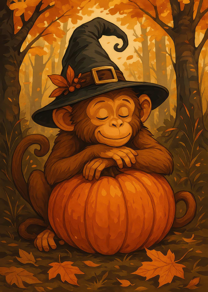 Monkey Witch Resting on Pumpkin