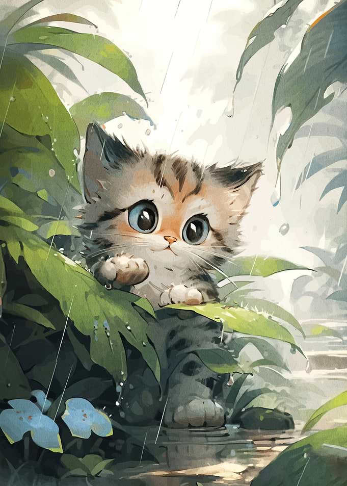 Cute Kitten in the Rain