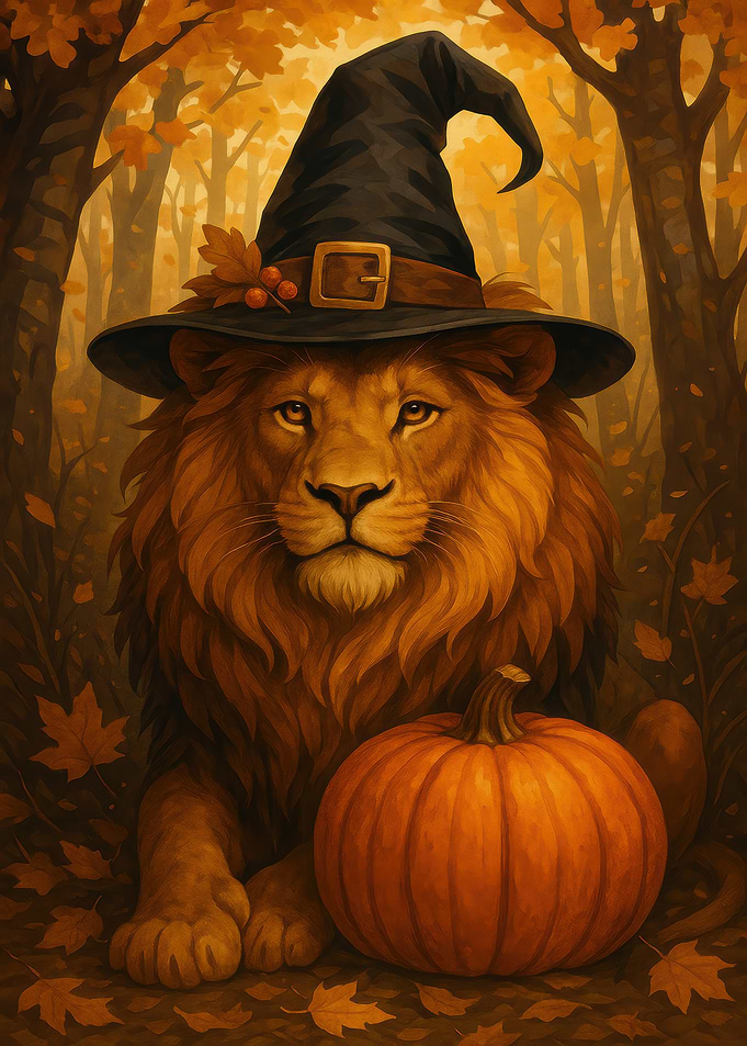 Lion Witch Pumpkin Autumnal Scene