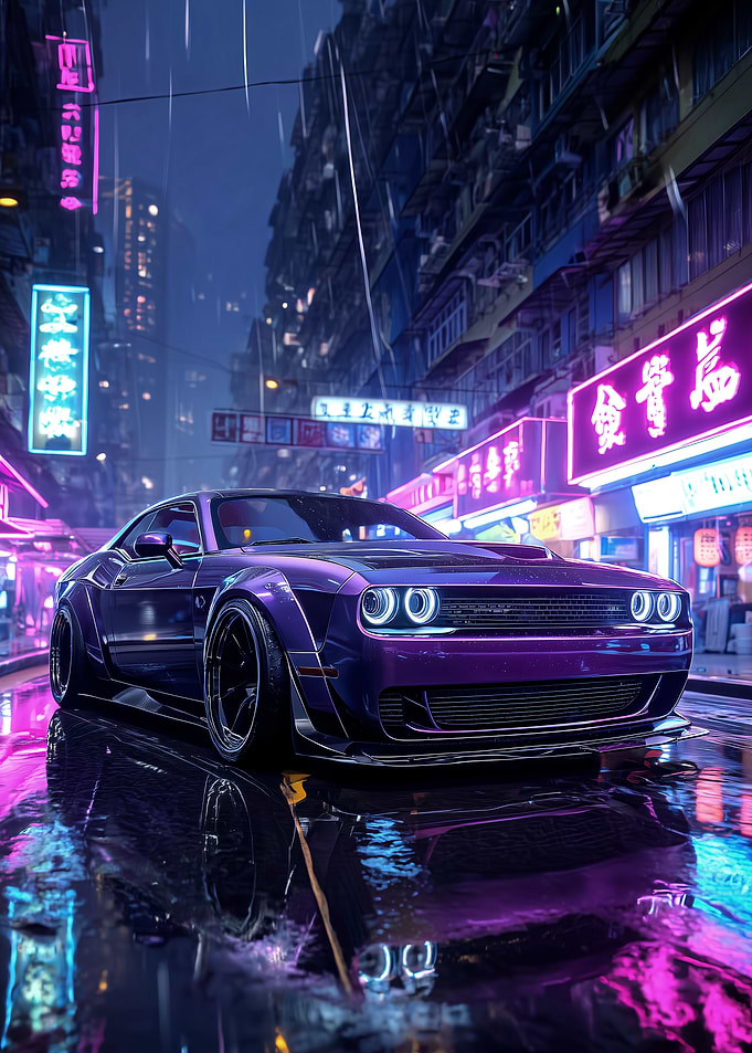 Purple Car in Neon Cityscape