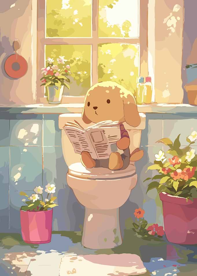 Dog reading newspaper on toilet