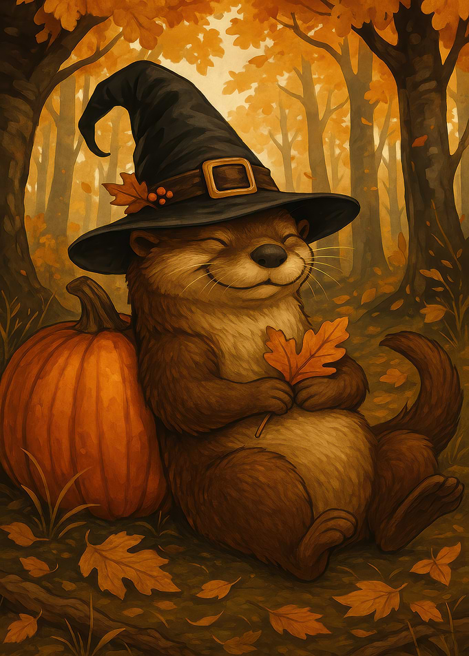 Otter Witch with Pumpkin in Autumn