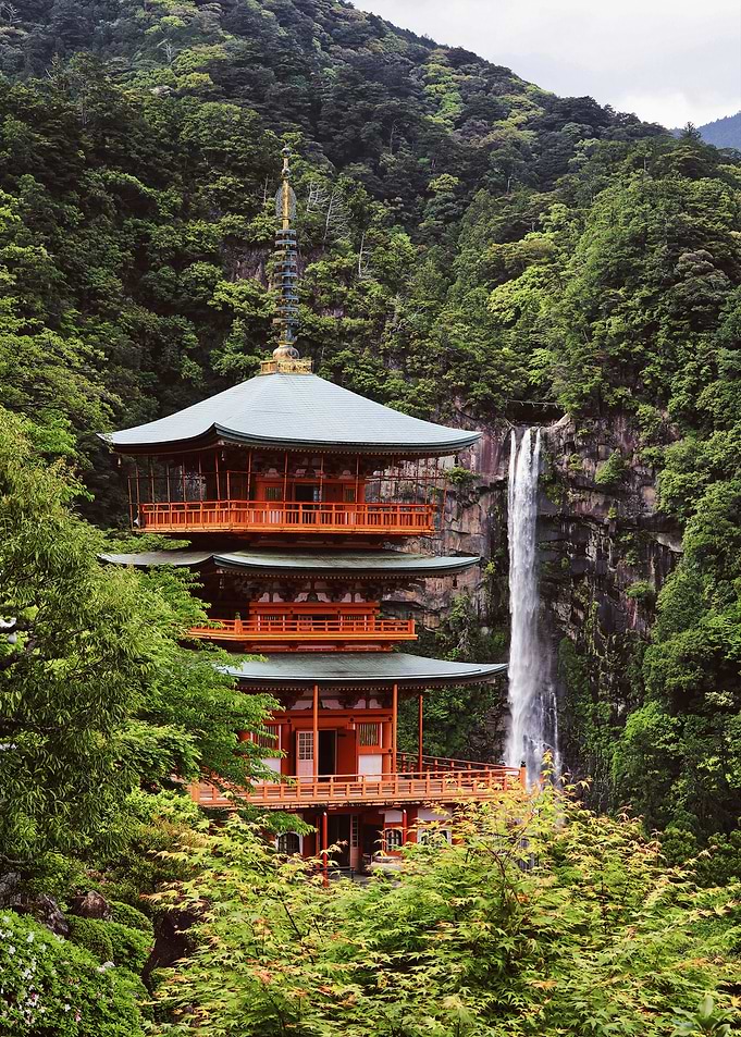 Japanese Temple and Waterfall Landscape