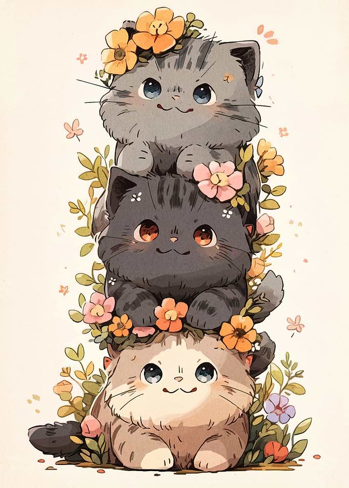 Stacked Cats with Flowers Illustration