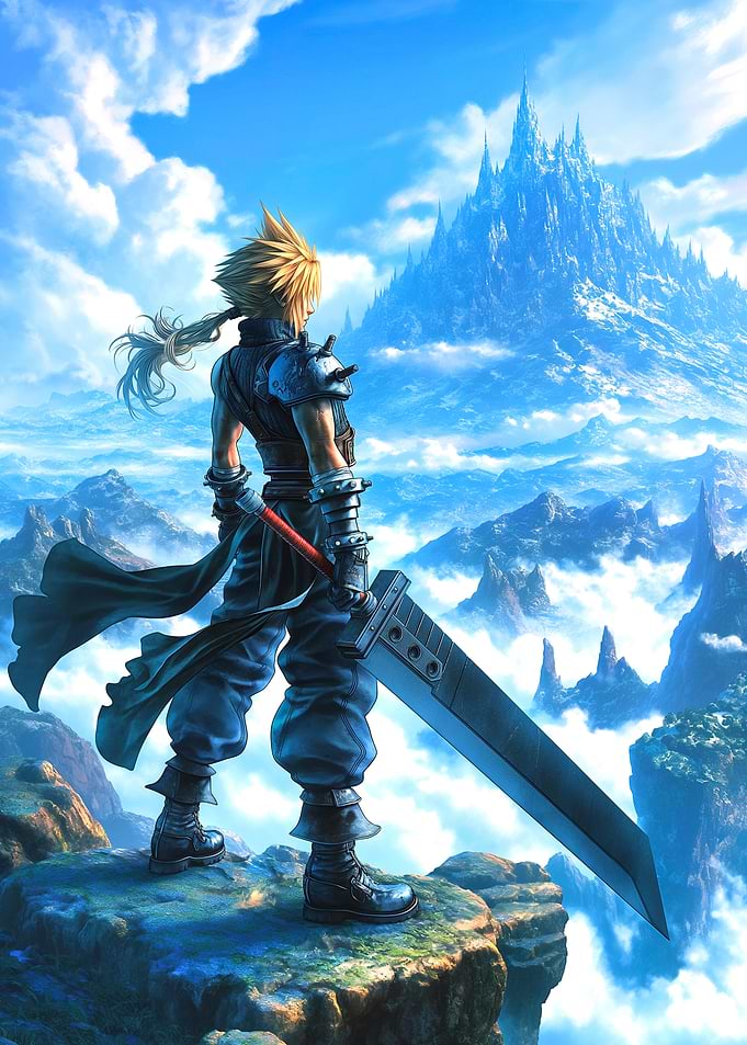 Cloud Strife overlooking a mountain range