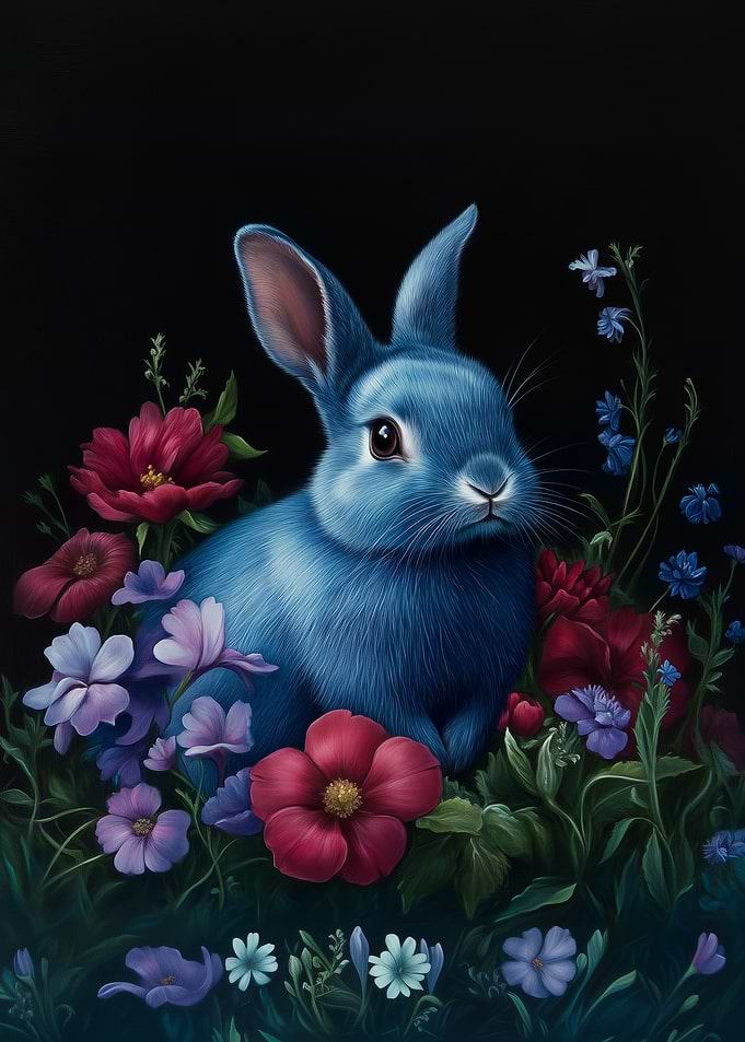 Baroque Blue Rabbit in Floral Garden