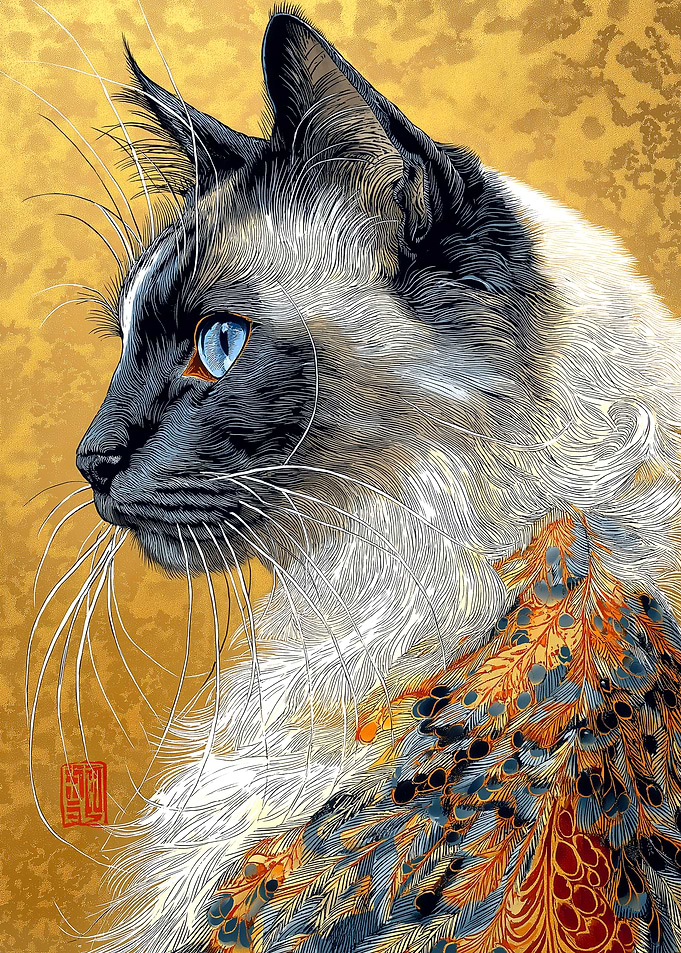 Siamese Cat with Peacock Feather Detail