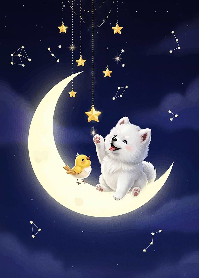 Cute Dog and Bird on Moon