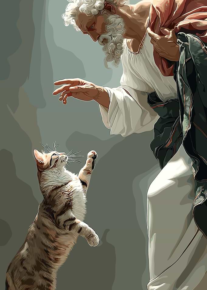 Man Reaching for Cat, Digital Art