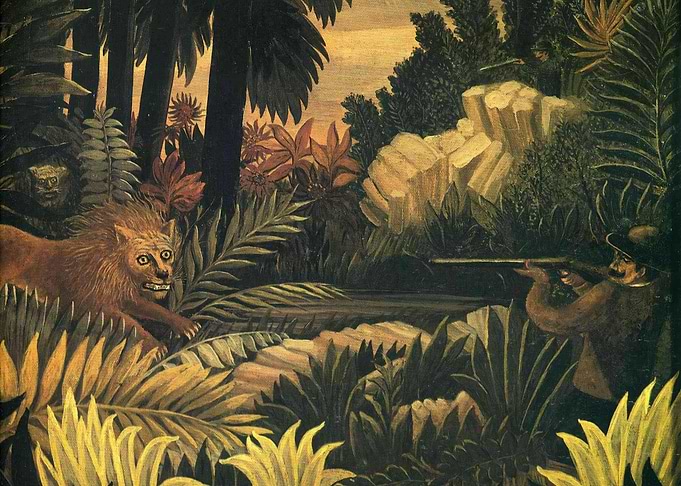 Hunter and Lion in Jungle Painting, henri rousseau art