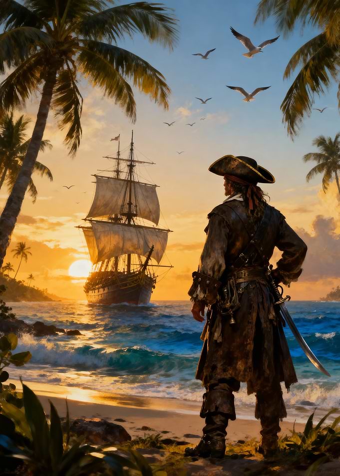 Pirate on the Beach at Sunset