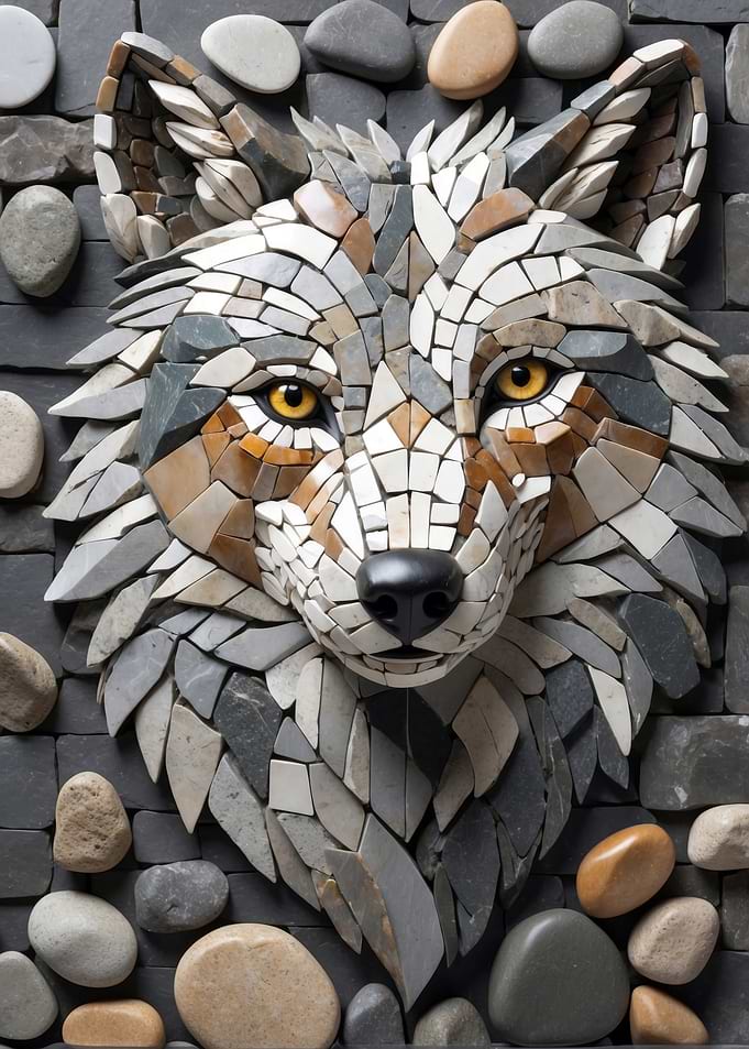 Stone Mosaic Wolf Head Art