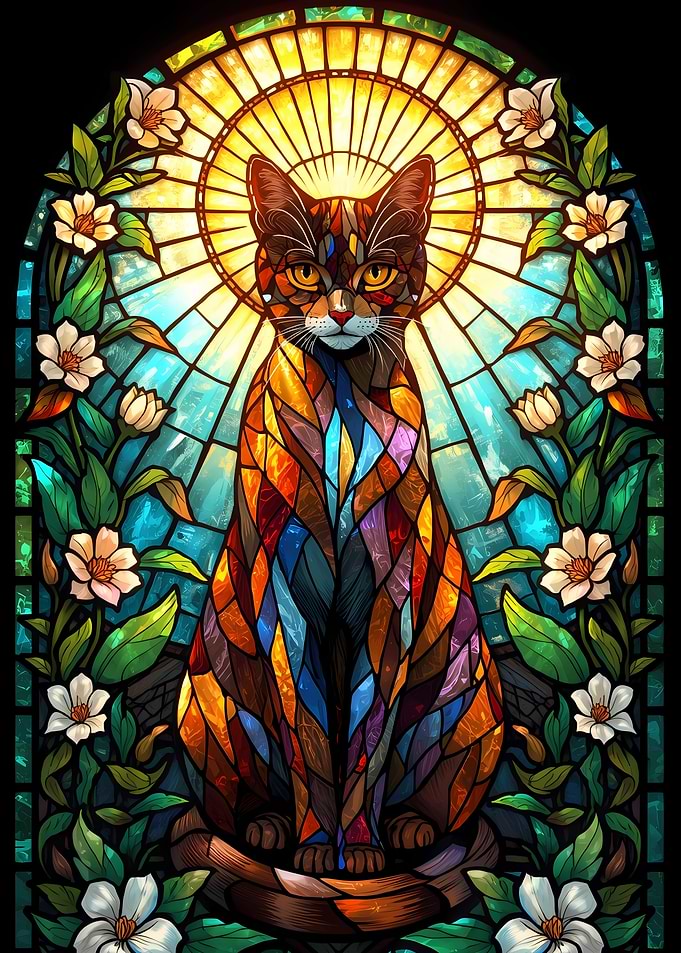 Stained Glass Cat with Floral Accents
