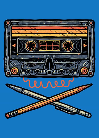 Cassette Tape and Crossed Writing Tools