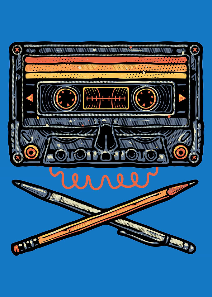 Cassette Tape and Crossed Writing Tools