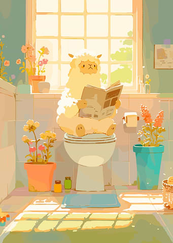 Sheep Reading Newspaper on Toilet