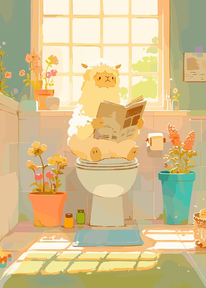 Sheep Reading Newspaper on Toilet