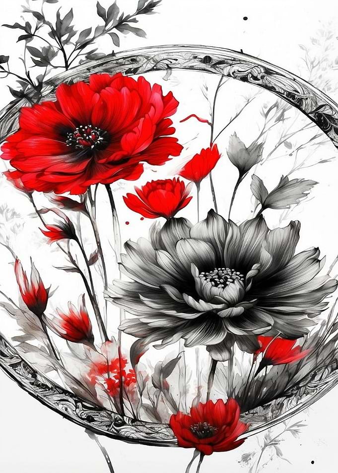 Floral Arrangement with Red and Gray Flowers