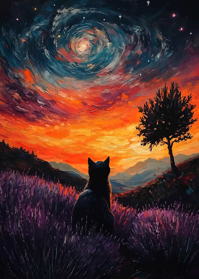 Cat gazing at the night sky