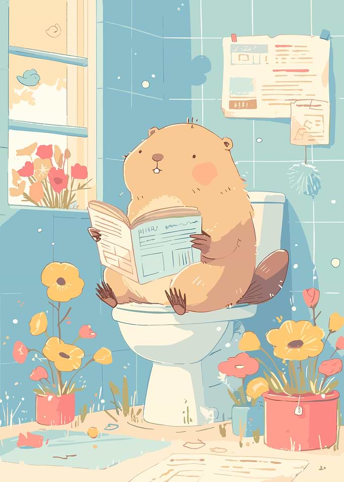 Beaver reading newspaper on toilet