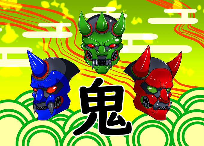 Colorful Oni Masks with Japanese Text