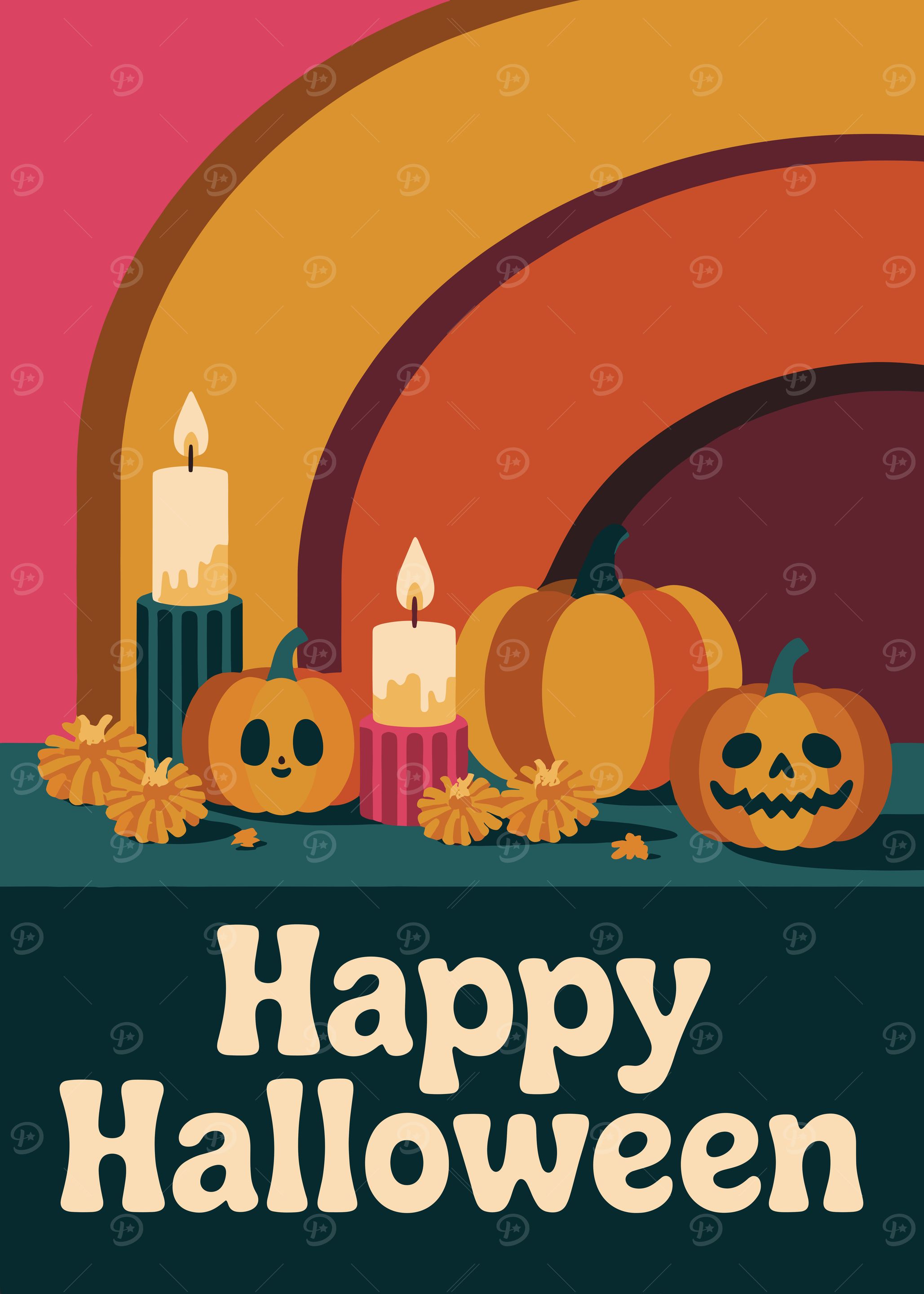 Retro Happy Halloween Illustration with Pumpkins
