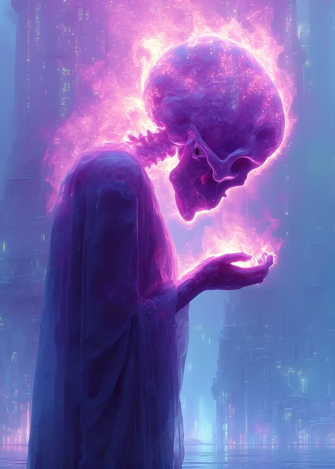 Ethereal Skull Figure in Cyberpunk City