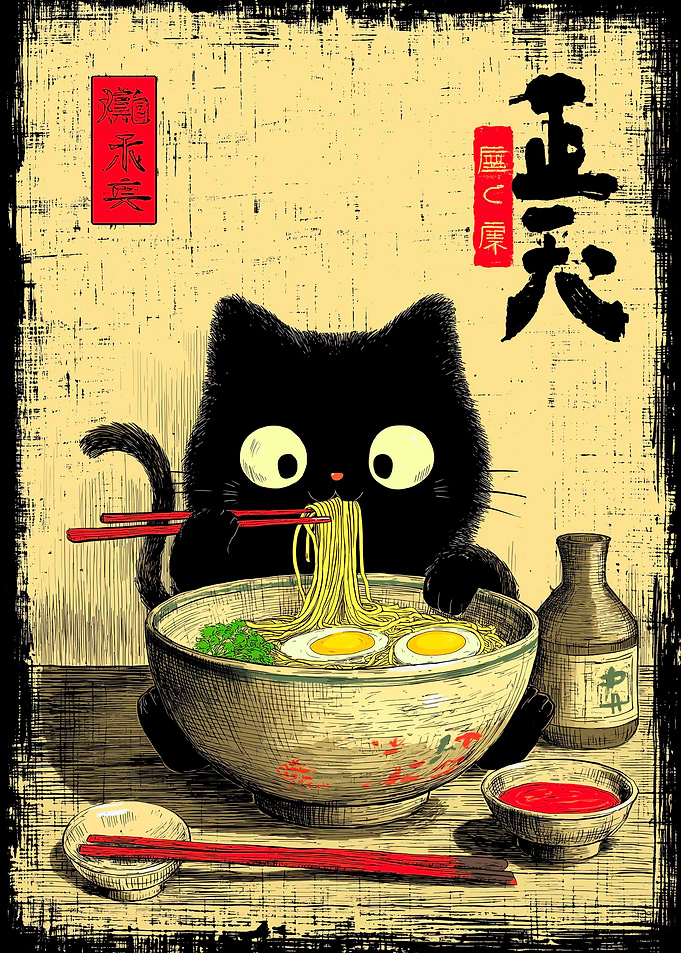 Black Cat Eating Ramen Illustration