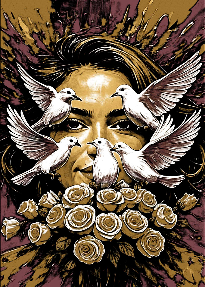 Woman with Doves and Roses Art