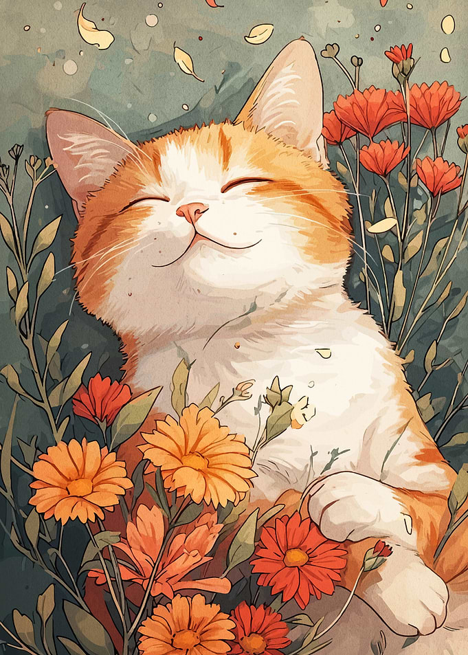Happy Cat in Flowers Illustration