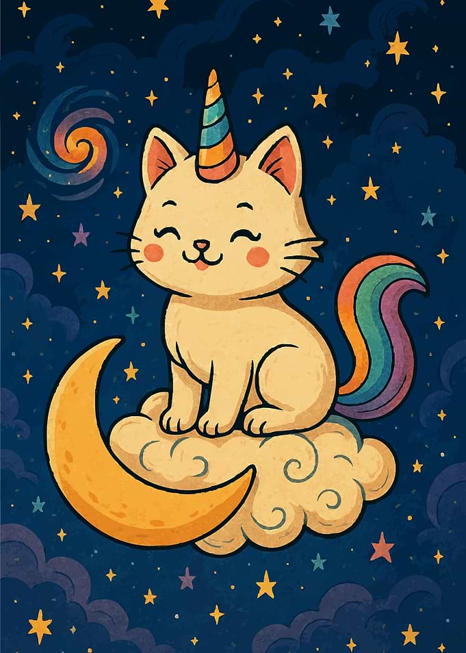 Cute Cat Unicorn on Moon Art