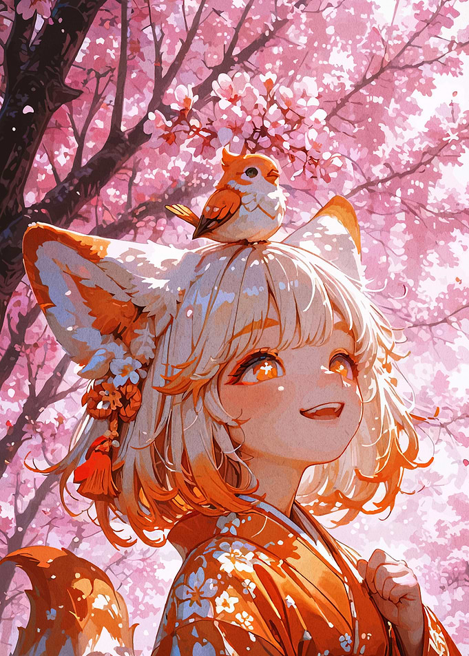 Anime Girl with Bird and Cherry Blossoms