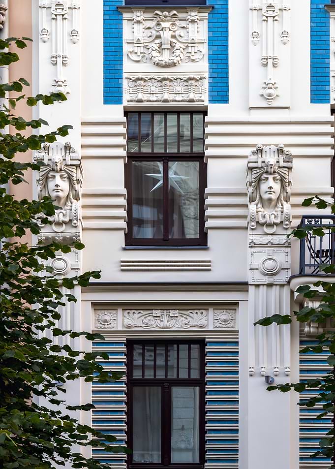 Art Nouveau Building Facade Detail. Alberta street 8, Riga, Latvia.