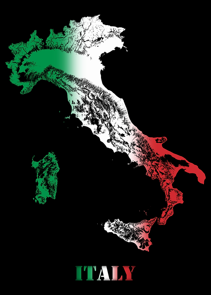 Italy Topographic Contour Relief Map blending terrain features into its emblematic colorful flag