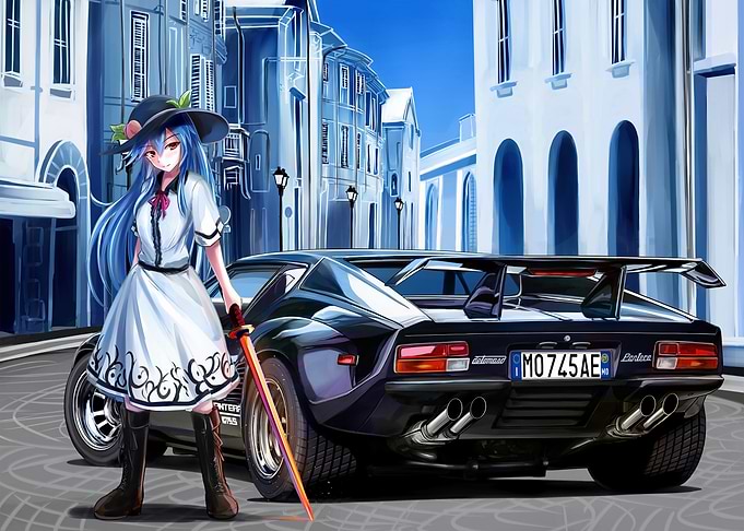 Anime Girl with Sword and Car