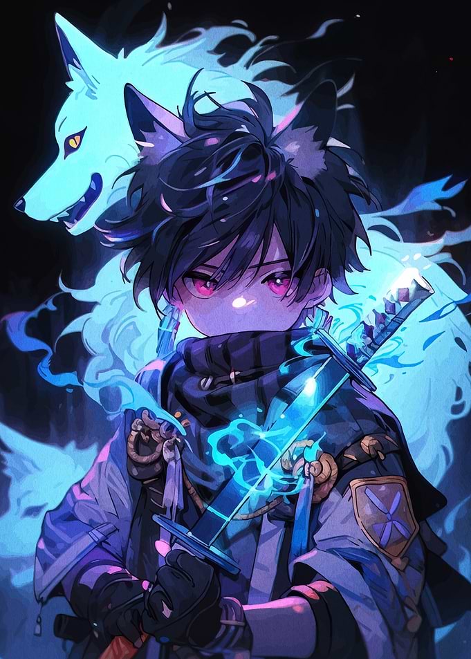 Anime Boy with Wolf Spirit and Sword