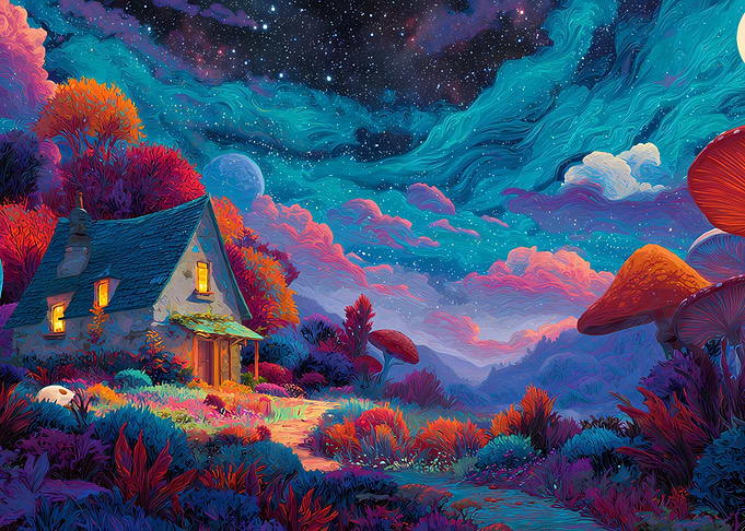 Psychedelic Cottage Landscape with Mushrooms