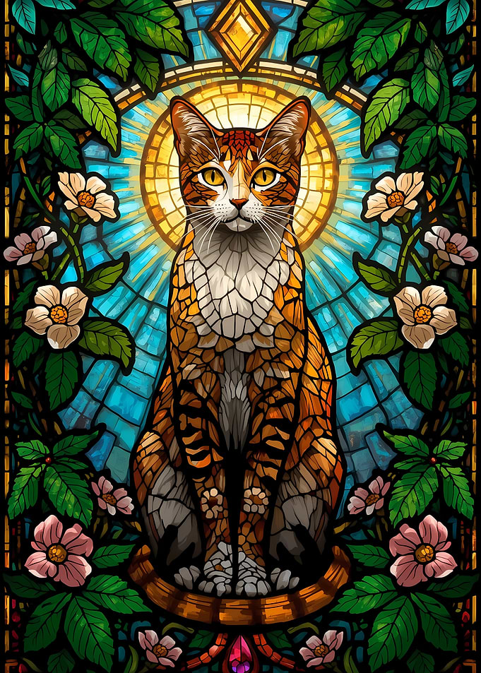 Stained Glass Cat with Floral Frame