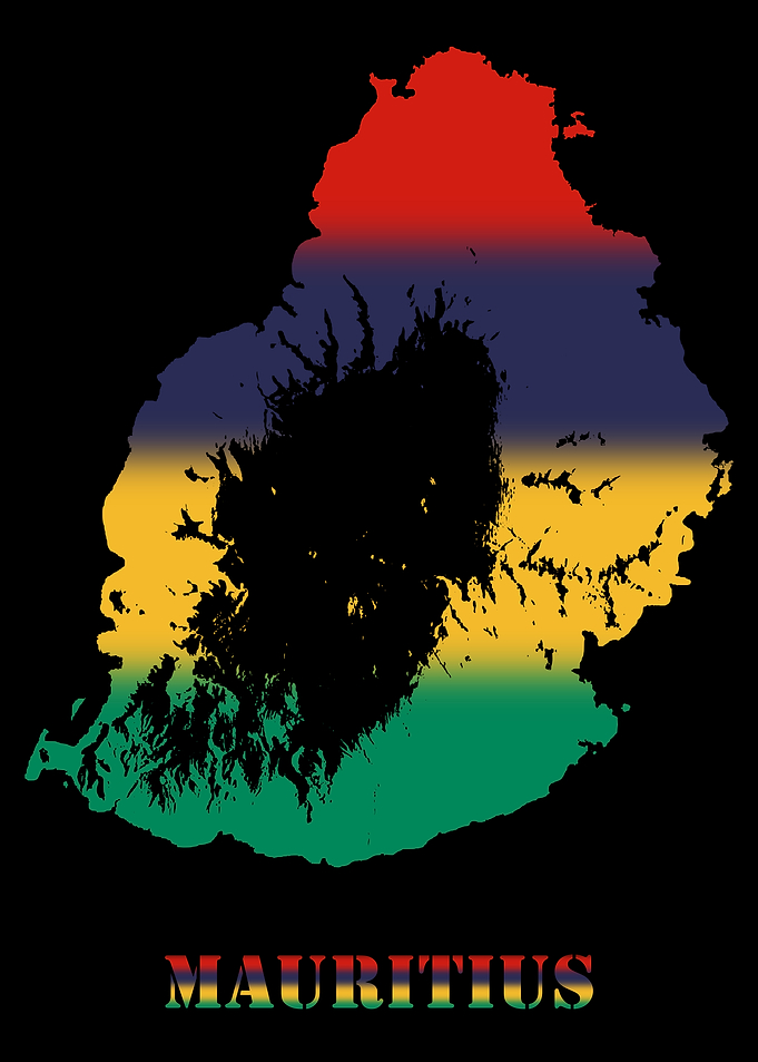 Mauritius Topographic Contour Relief Map blending terrain features into its emblematic colorful flag