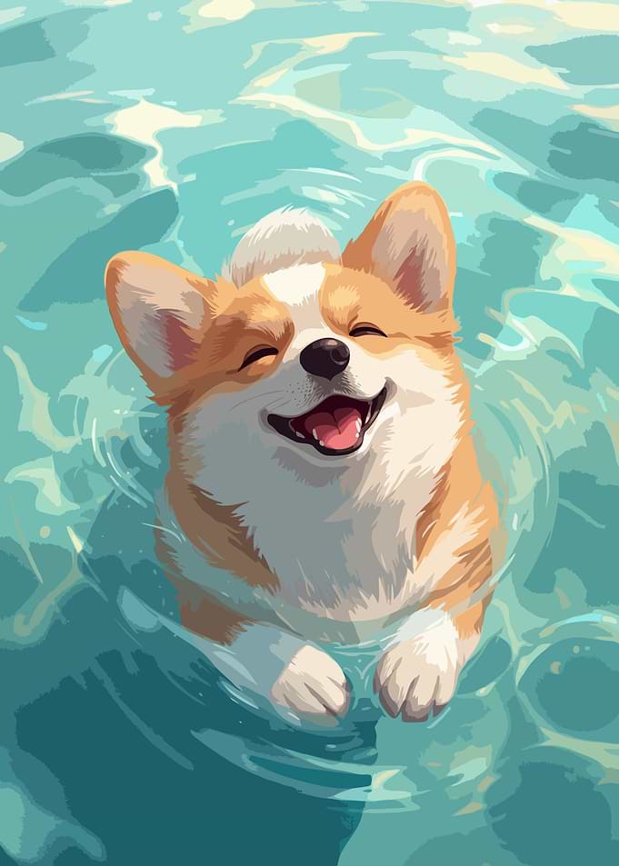 Happy Corgi Swimming in Blue Water Illustration