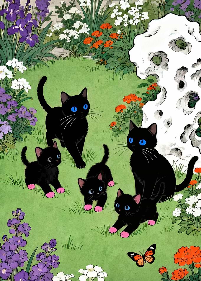 Black Cats in a Garden