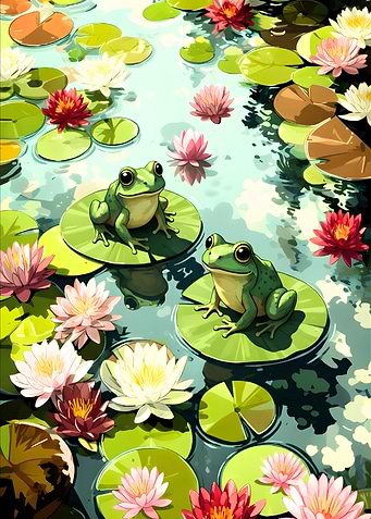 Two green Frogs on water Lily Pads with Flowers