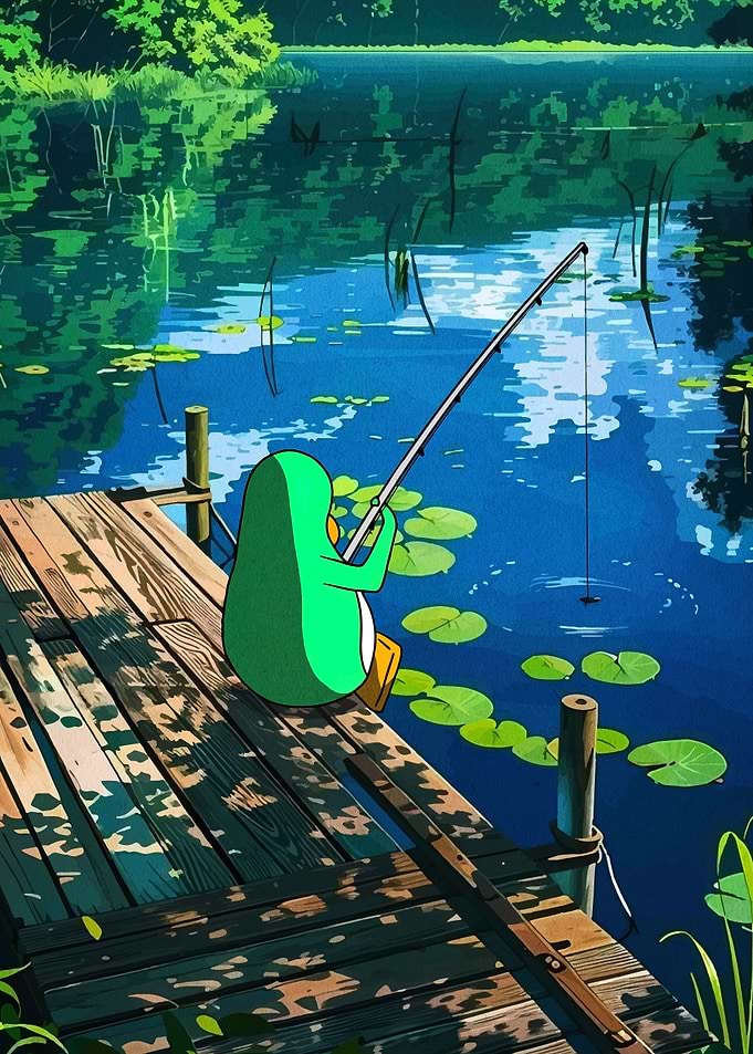 Cartoon Penguin Fishing on a Dock